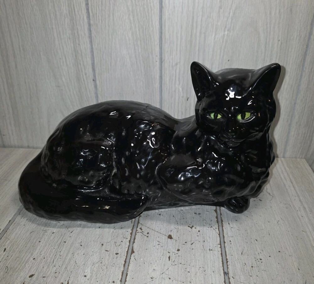 Vintage Ceramic Black Cat w/Green Eyes Sitting Hobbyist Signed 1985 Cottagecore